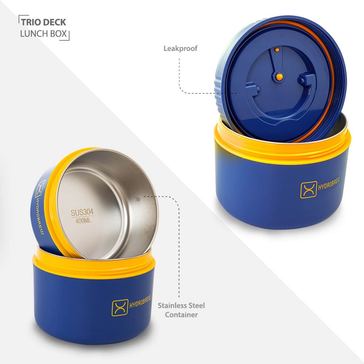 Hydrobrew Majestic Blue Trio Deck Lunch Box + Lunch Bag + Cutlery + Double Wall Stainless Steel Water Bottle Set