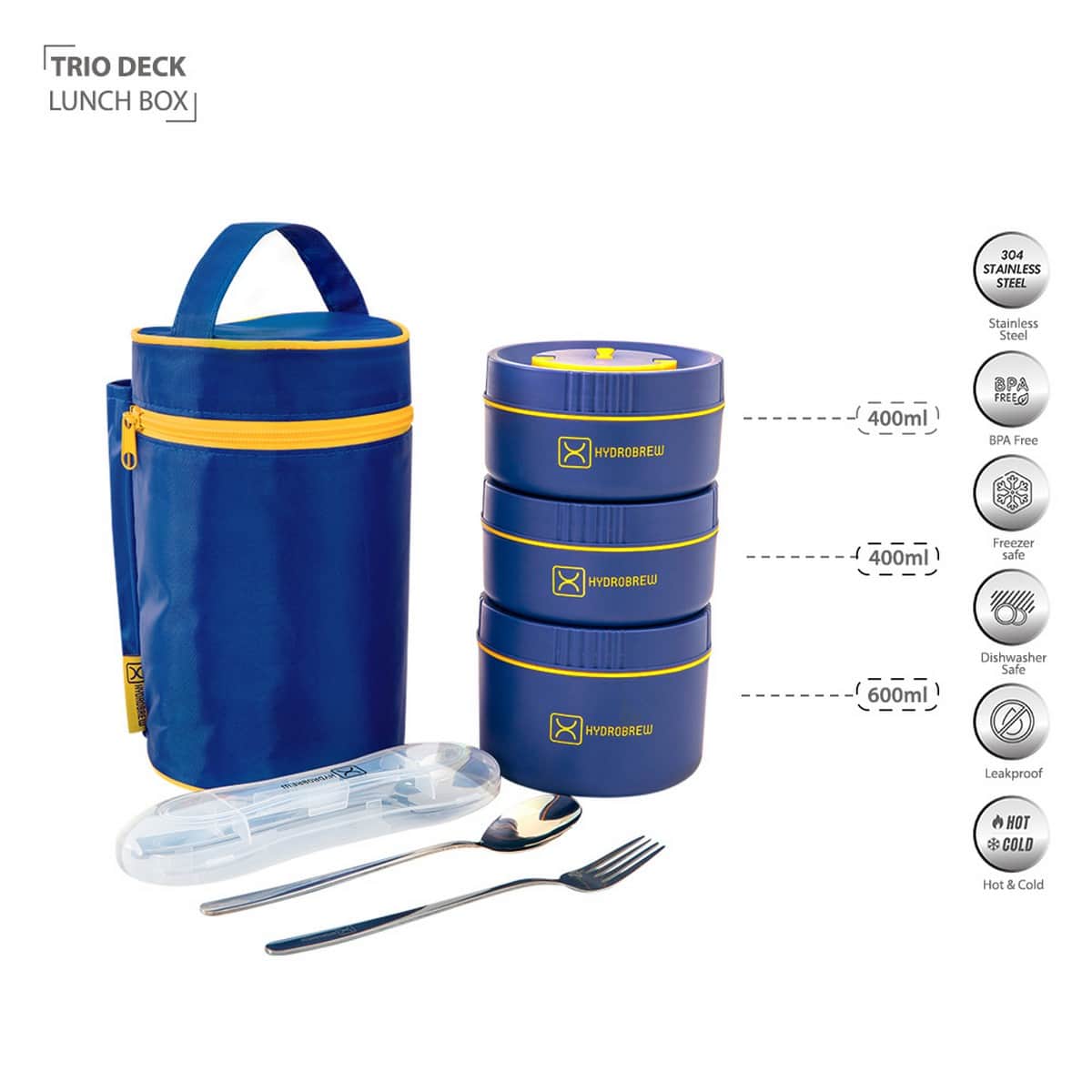 Hydrobrew Majestic Blue Trio Deck Lunch Box + Lunch Bag + Cutlery + Double Wall Stainless Steel Water Bottle Set