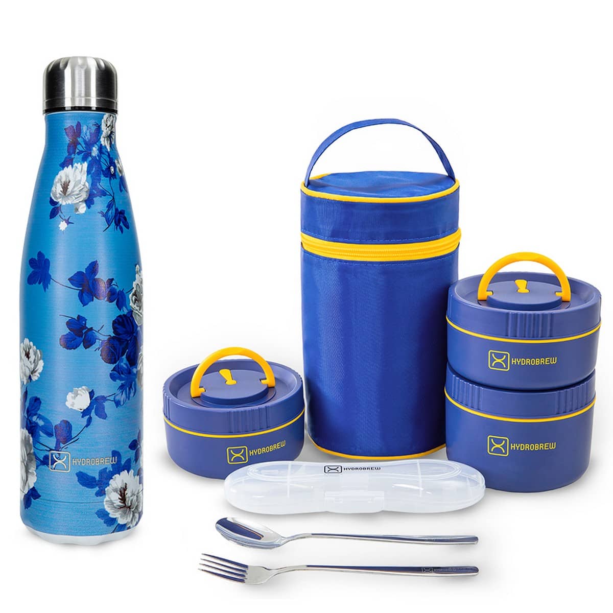 Hydrobrew Majestic Blue Trio Deck Lunch Box + Lunch Bag + Cutlery + Double Wall Stainless Steel Water Bottle Set