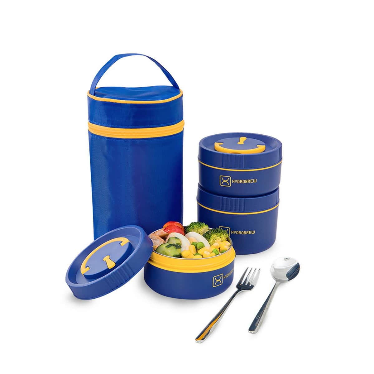 Hydrobrew Majestic Blue Trio Deck Lunch Box + Lunch Bag + Cutlery + Double Wall Stainless Steel Water Bottle Set