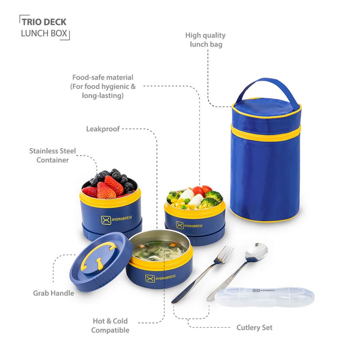 Hydrobrew Majestic Blue Trio Deck Lunch Box + Lunch Bag + Cutlery + Double Wall Stainless Steel Water Bottle Set