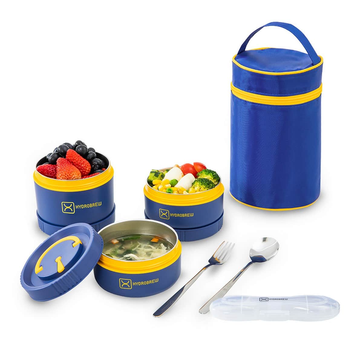 Hydrobrew Majestic Blue Trio Deck Lunch Box + Lunch Bag + Cutlery + Double Wall Stainless Steel Water Bottle Set