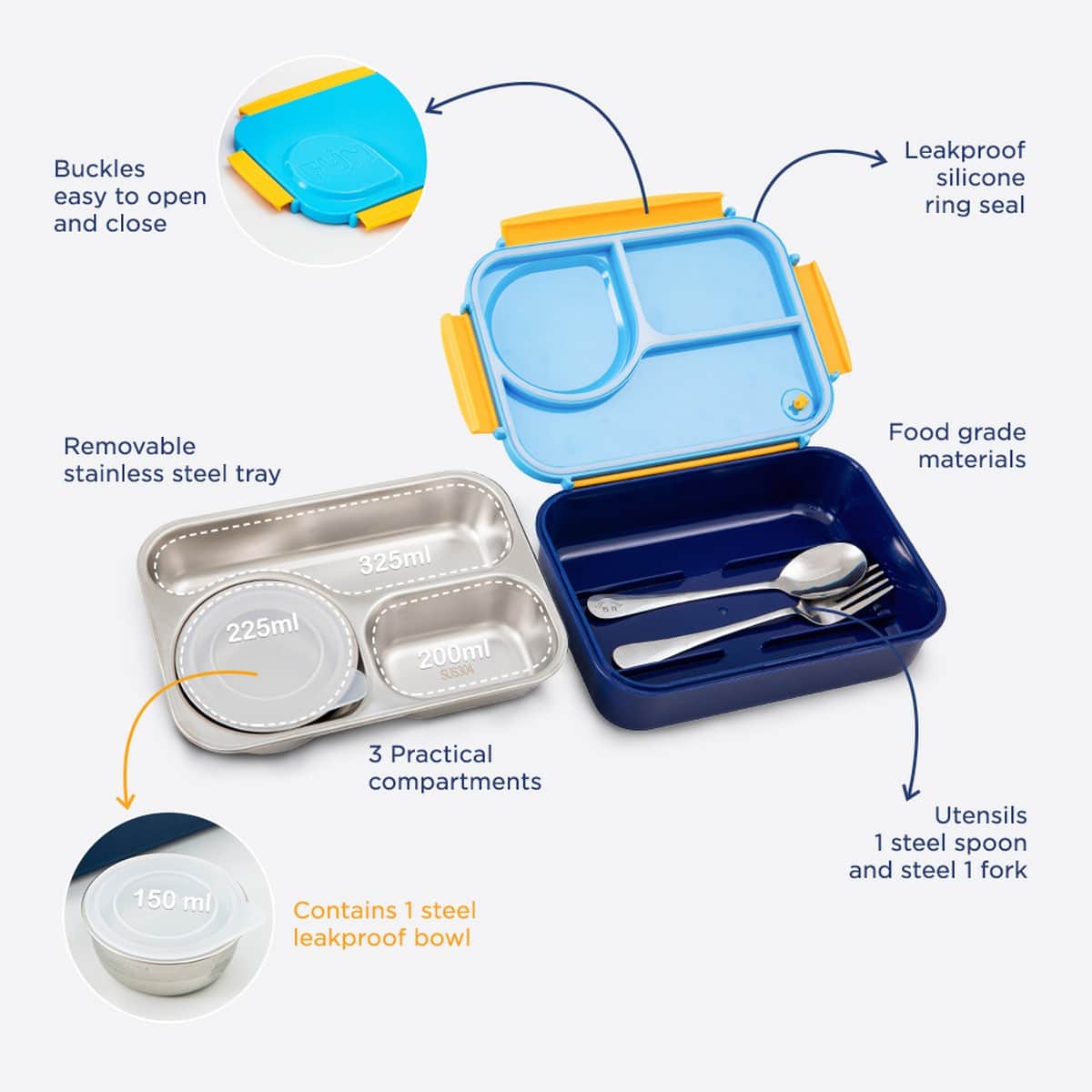 Hydrobrew Ocean Navy Steel Core 4 Compartment Lunch Box with Double Wall Stainless Steel Water Bottle