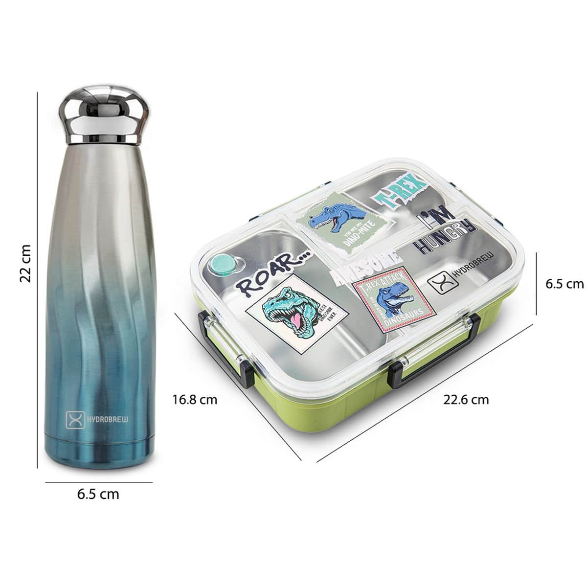 Hydrobrew Olive Roar Steel Core 3 Compartment Lunch Box with Double Wall Water Bottle