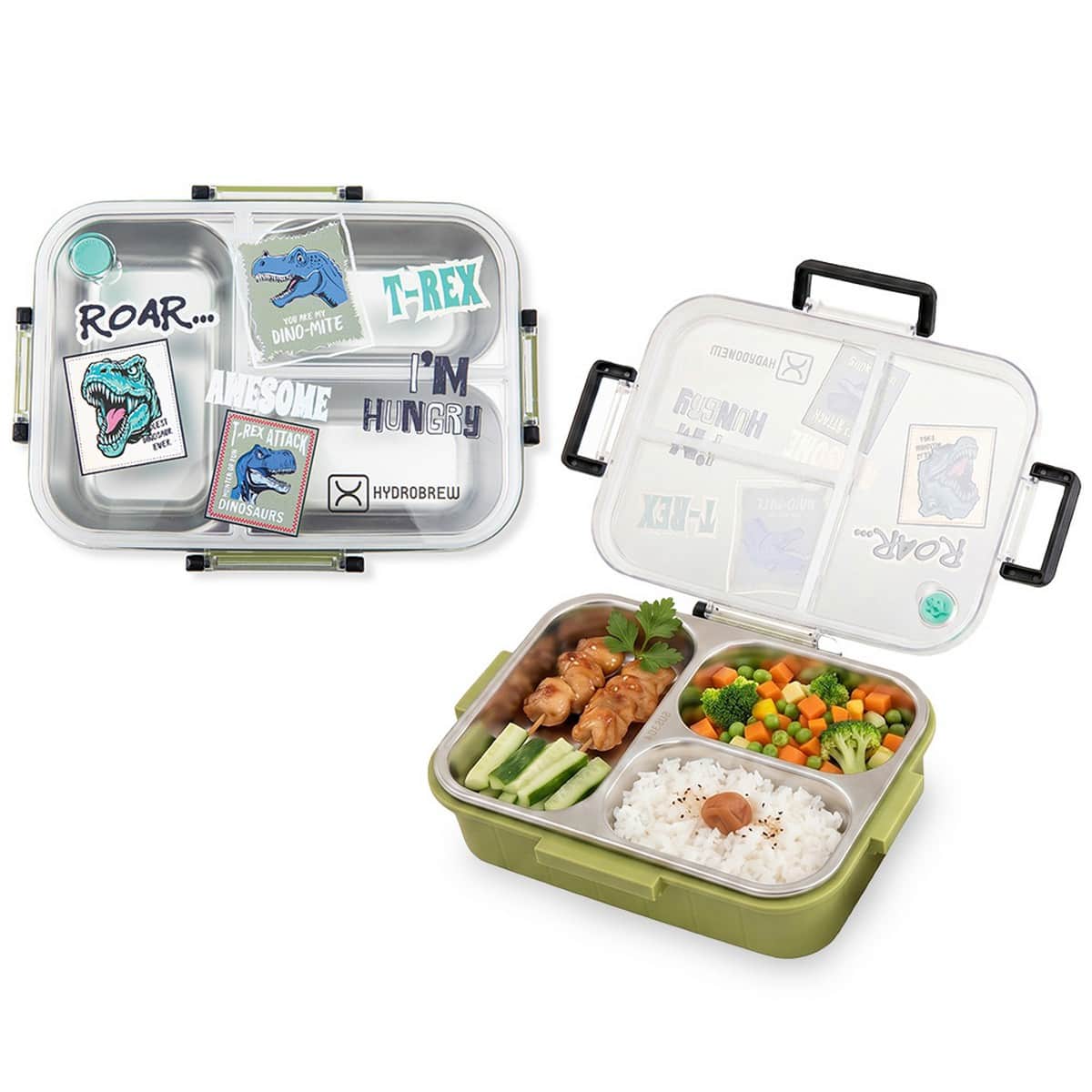 Hydrobrew Olive Roar Steel Core 3 Compartment Lunch Box with Double Wall Water Bottle