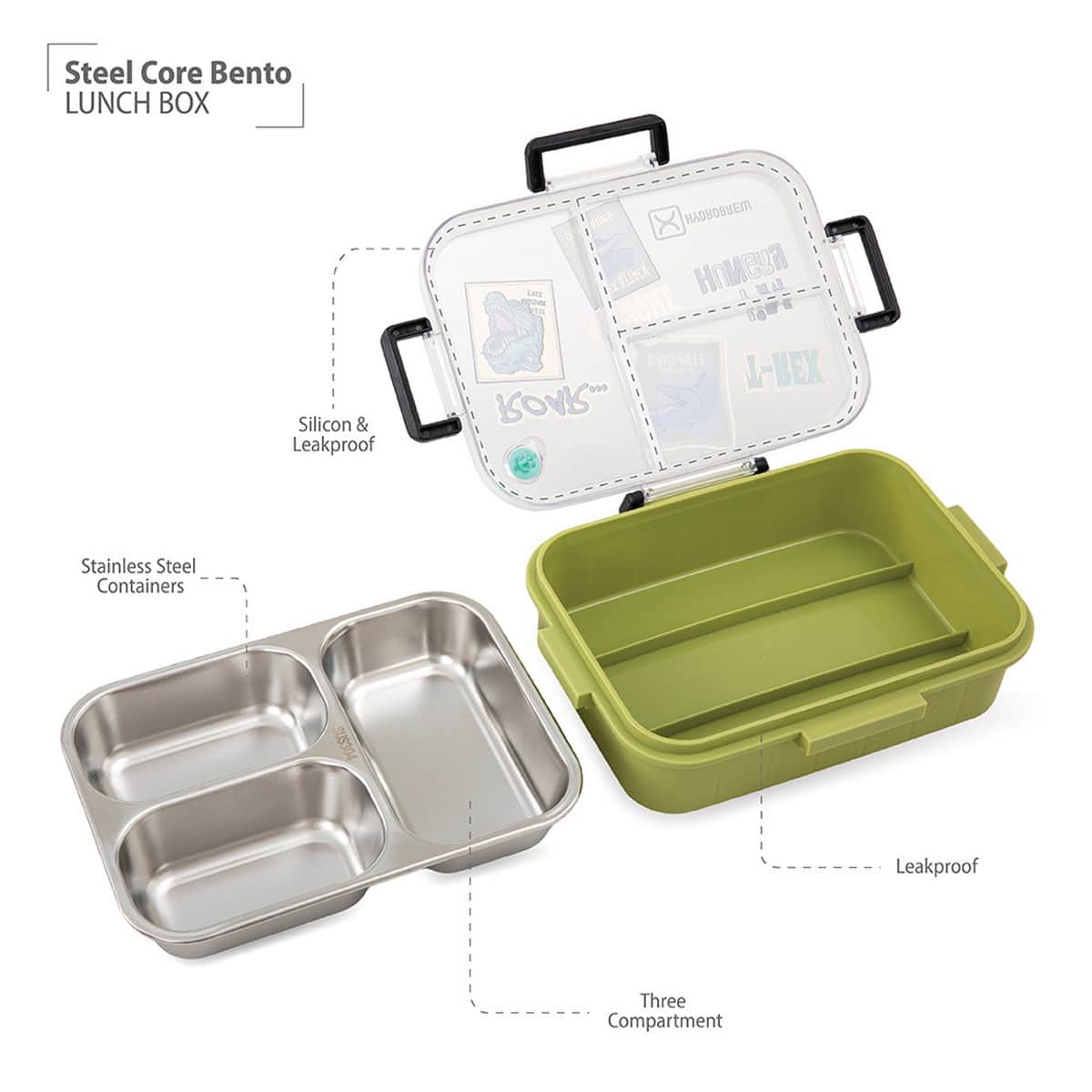 Hydrobrew Olive Roar Steel Core 3 Compartment Lunch Box with Double Wall Water Bottle