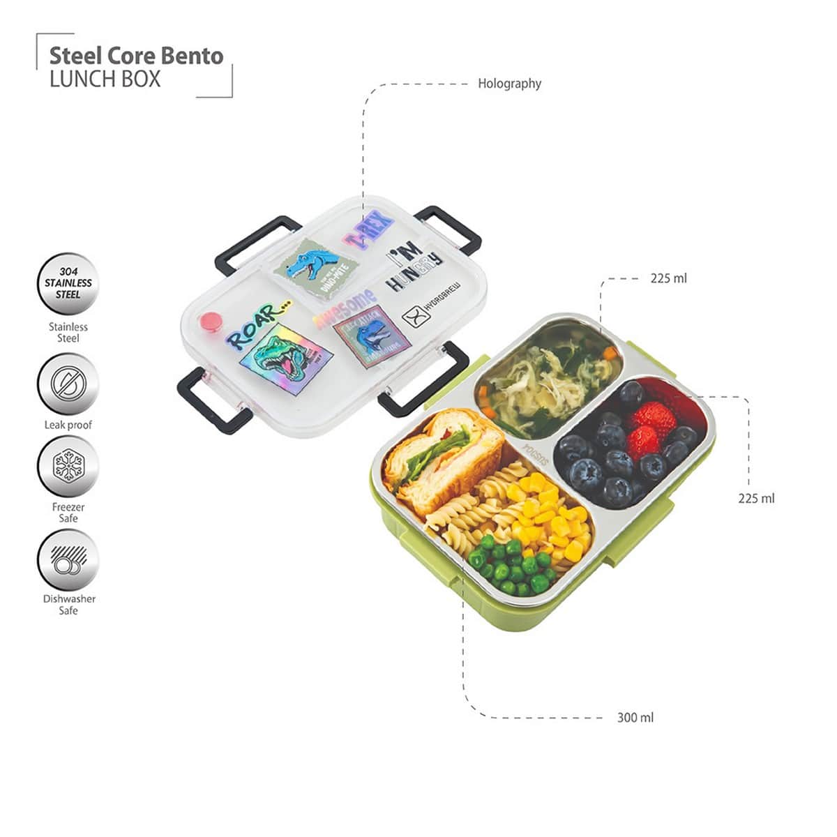 Hydrobrew Olive Roar Steel Core 3 Compartment Lunch Box with Double Wall Water Bottle