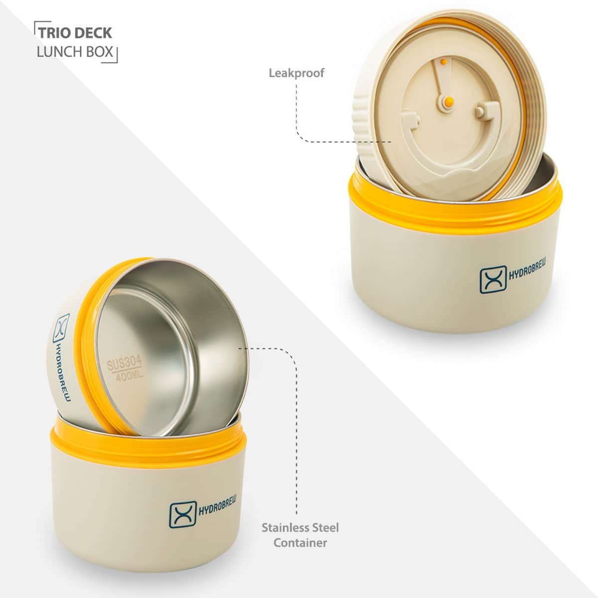 Hydrobrew Opal Cream Trio Deck Lunch Box + Lunch Bag + Cutlery + Double Wall Stainless Steel Water Bottle Set