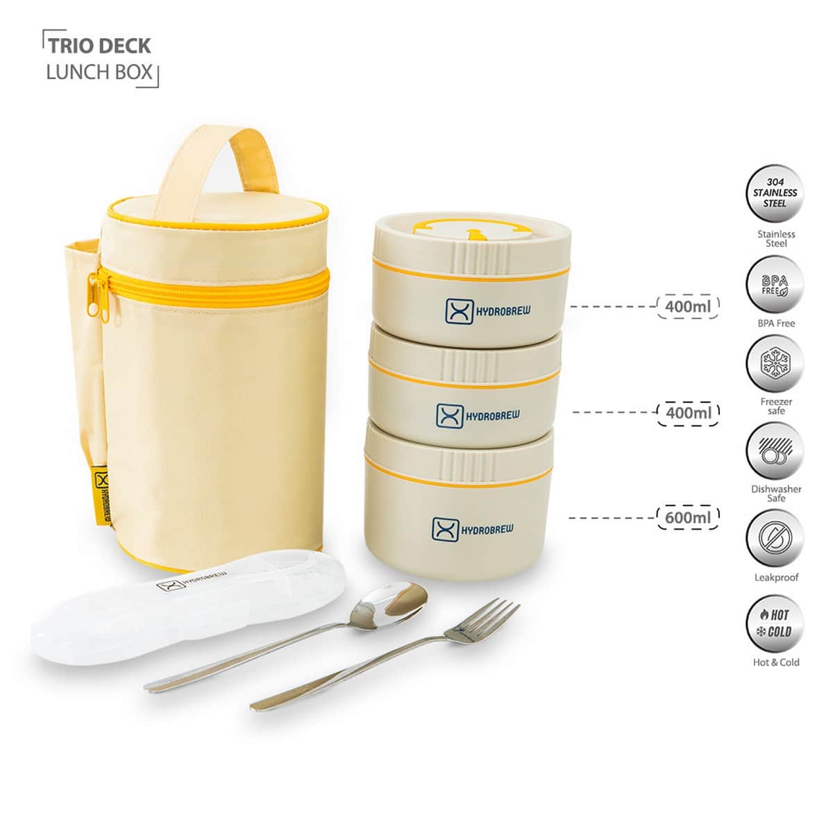 Hydrobrew Opal Cream Trio Deck Lunch Box + Lunch Bag + Cutlery + Double Wall Stainless Steel Water Bottle Set
