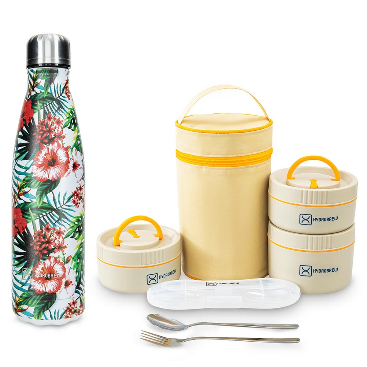 Hydrobrew Opal Cream Trio Deck Lunch Box + Lunch Bag + Cutlery + Double Wall Stainless Steel Water Bottle Set