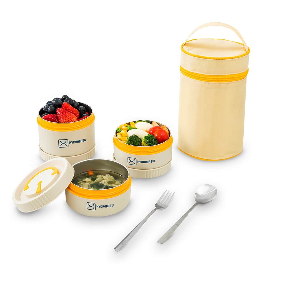 Hydrobrew Opal Cream Trio Deck Lunch Box + Lunch Bag + Cutlery + Double Wall Stainless Steel Water Bottle Set