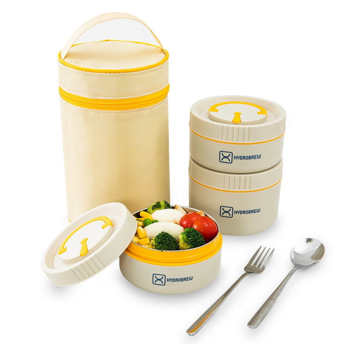 Hydrobrew Opal Cream Trio Deck Lunch Box + Lunch Bag + Cutlery + Double Wall Stainless Steel Water Bottle Set