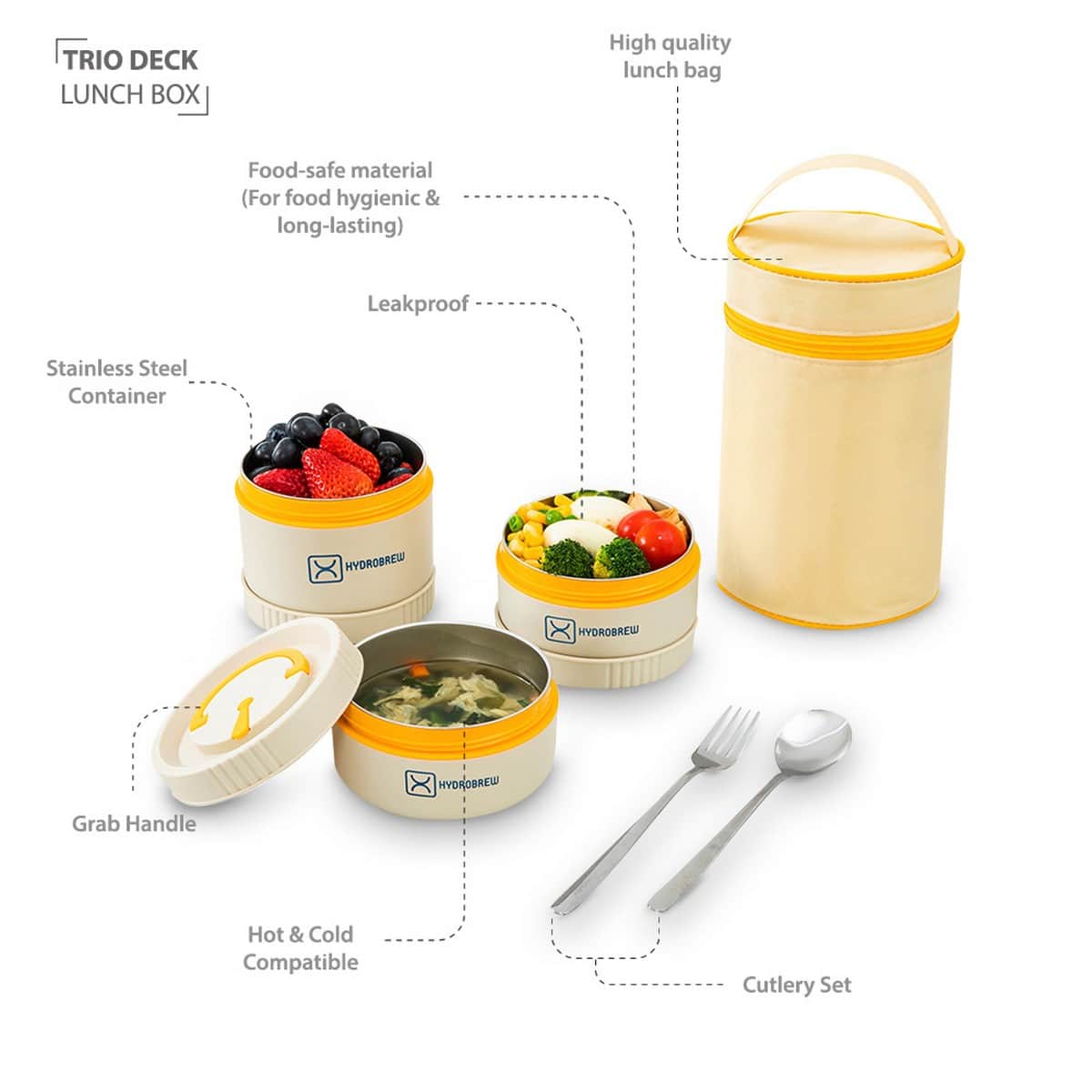 Hydrobrew Opal Cream Trio Deck Lunch Box + Lunch Bag + Cutlery + Double Wall Stainless Steel Water Bottle Set