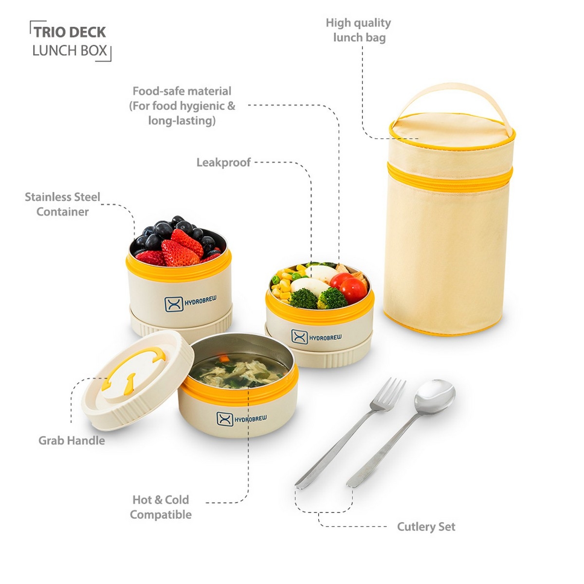Hydrobrew Opal Cream Trio Deck Lunch Box + Lunch Bag + Cutlery + Double Wall Stainless Steel Water Bottle Set