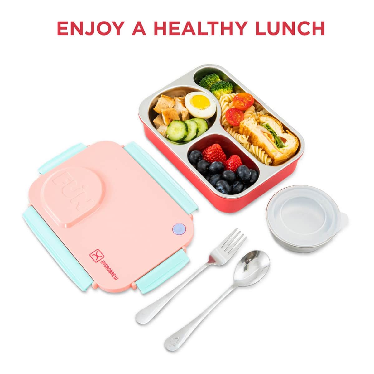 Hydrobrew Pink Sorbet Steel Core 4 Compartment Lunch Box with Double Wall Stainless Steel Water Bottle