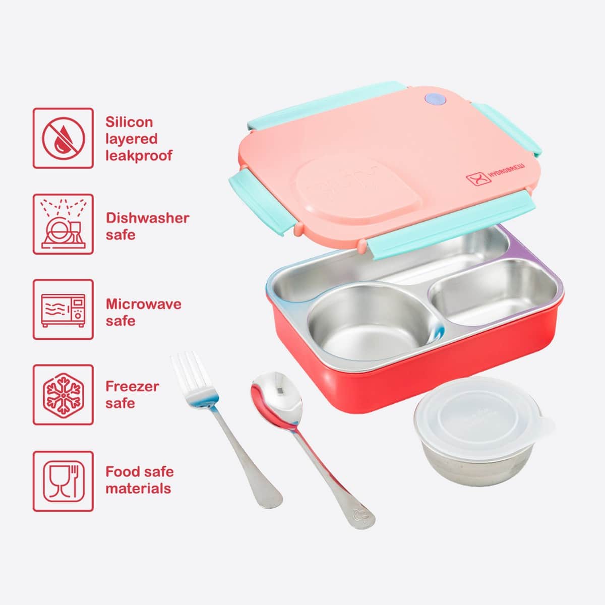 Hydrobrew Pink Sorbet Steel Core 4 Compartment Lunch Box with Double Wall Stainless Steel Water Bottle