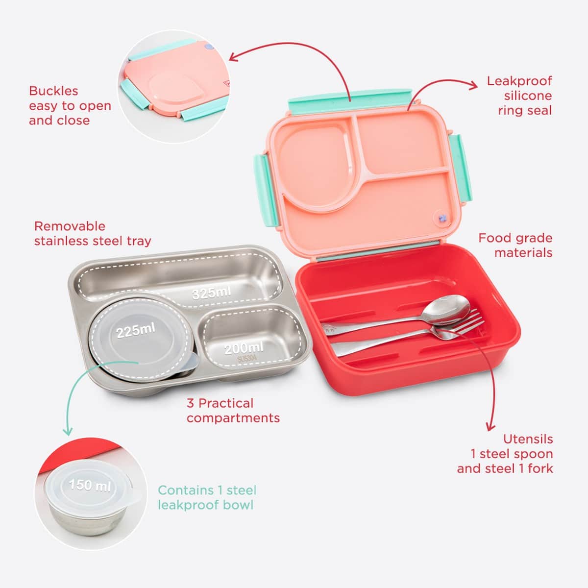 Hydrobrew Pink Sorbet Steel Core 4 Compartment Lunch Box with Double Wall Stainless Steel Water Bottle