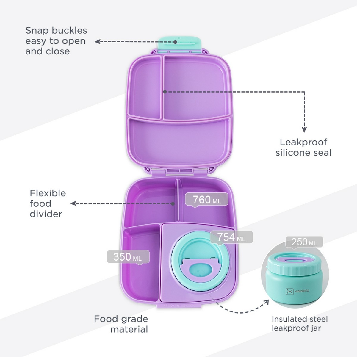 Hydrobrew Purple Mega Flex Bento Lunch Box with Insulated Food Jar & Double Wall Water Bottle