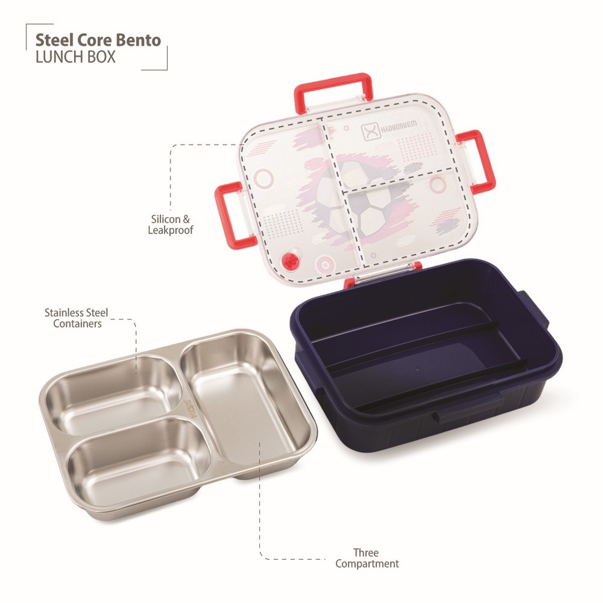 Hydrobrew Steel Core Champion 3 Compartment Lunch Box with Stainless Steel Cutlery Set