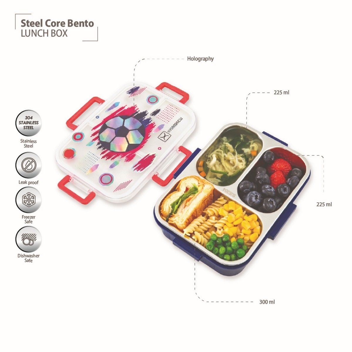 Hydrobrew Steel Core Champion 3 Compartment Lunch Box with Stainless Steel Cutlery Set