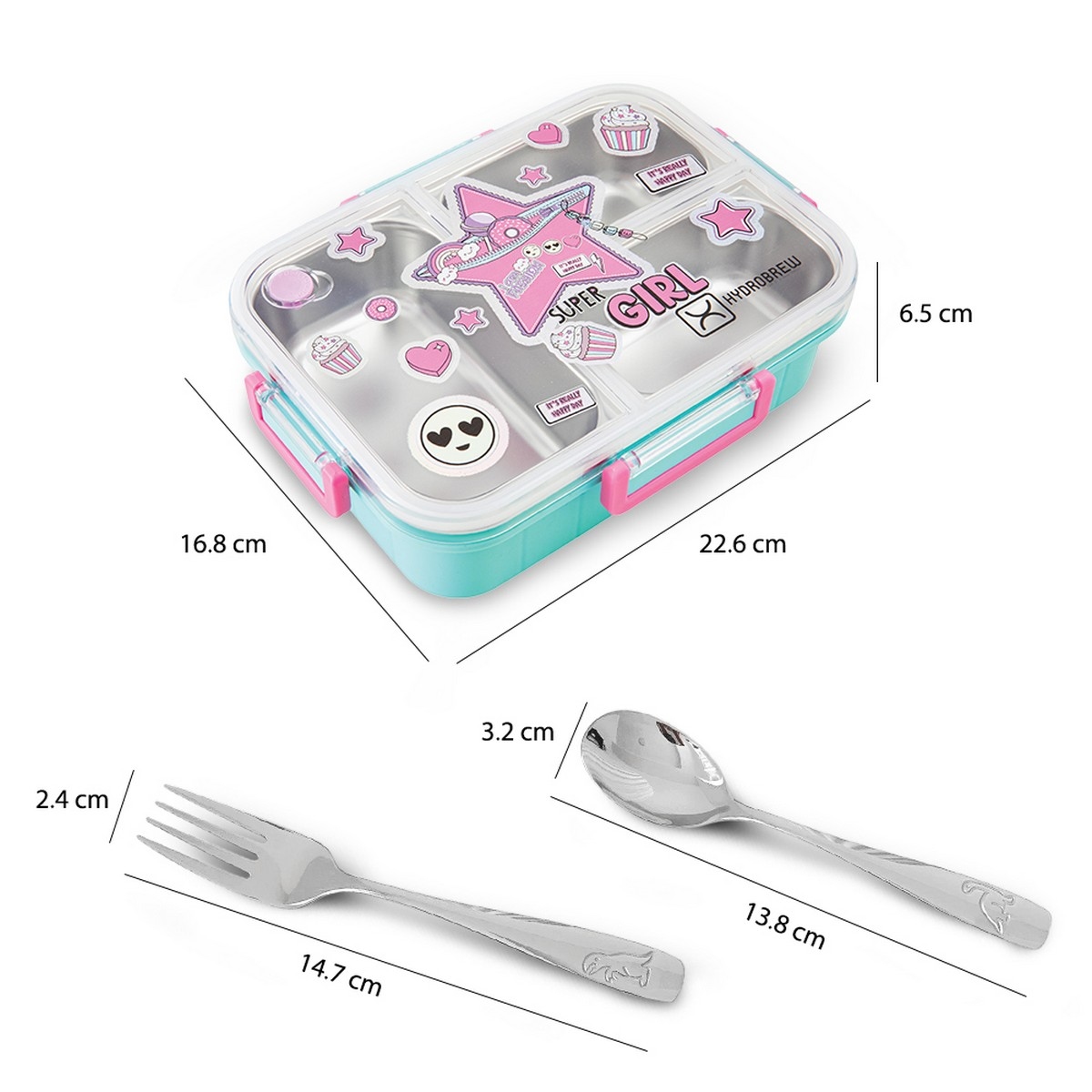 Hydrobrew Steel Core Super Girl 3 Compartment Lunch Box with Stainless Steel Cutlery Set