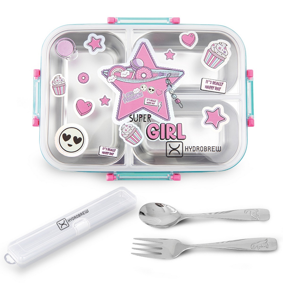 Hydrobrew Steel Core Super Girl 3 Compartment Lunch Box with Stainless Steel Cutlery Set