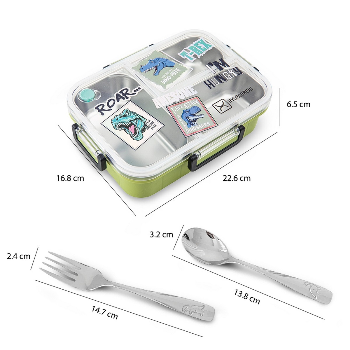 Hydrobrew Steel Core T-Rex 3 Compartment Lunch Box with Stainless Steel Cutlery Set