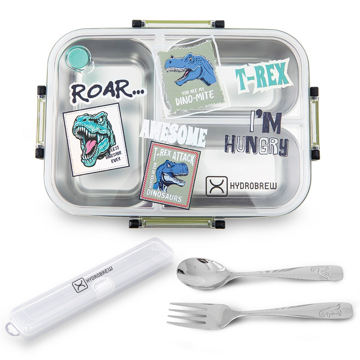 Hydrobrew Steel Core T-Rex 3 Compartment Lunch Box with Stainless Steel Cutlery Set