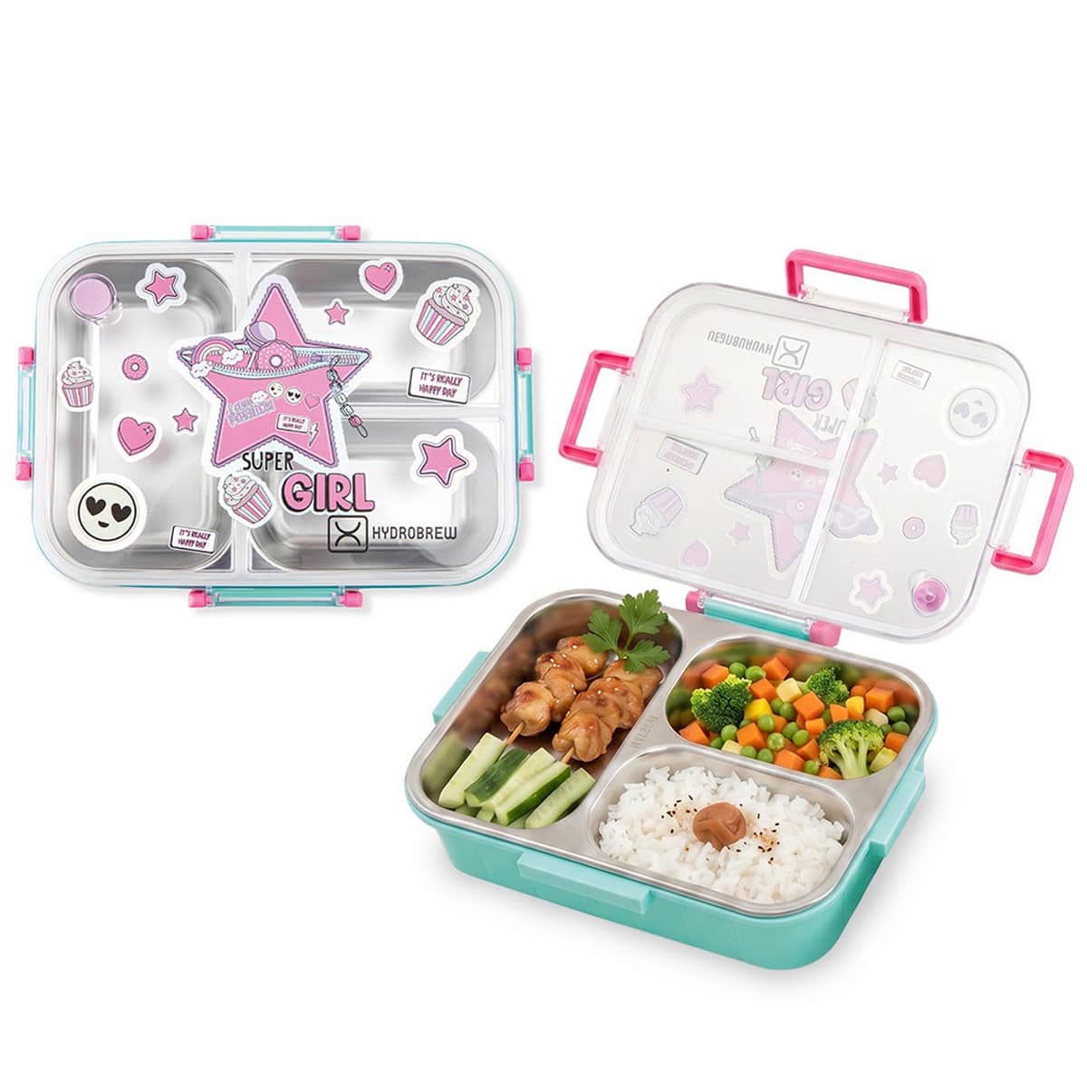 Hydrobrew Teal Spark Steel Core 3 Compartment Lunch Box with Double Wall Stainless Steel Water Bottle