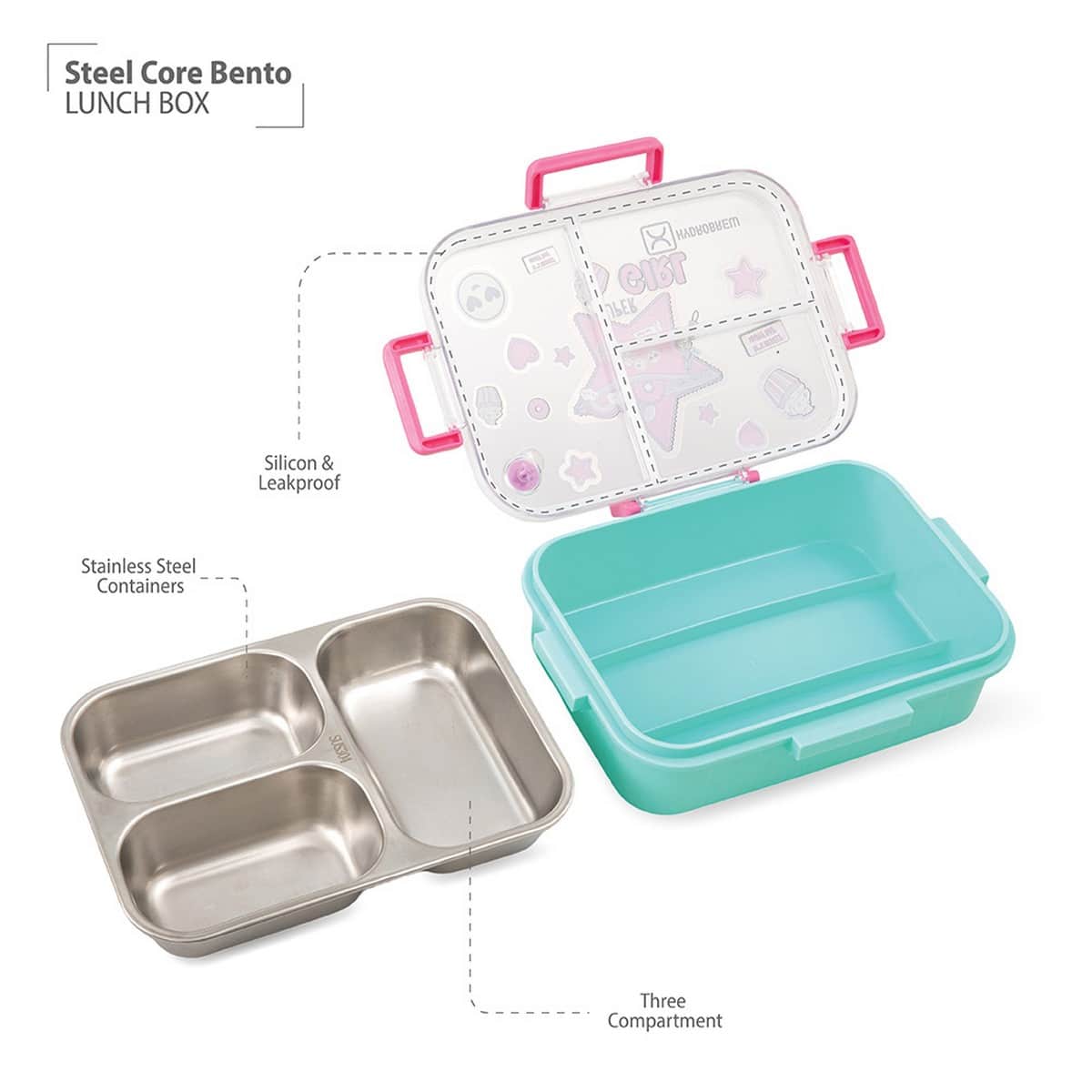 Hydrobrew Teal Spark Steel Core 3 Compartment Lunch Box with Double Wall Stainless Steel Water Bottle