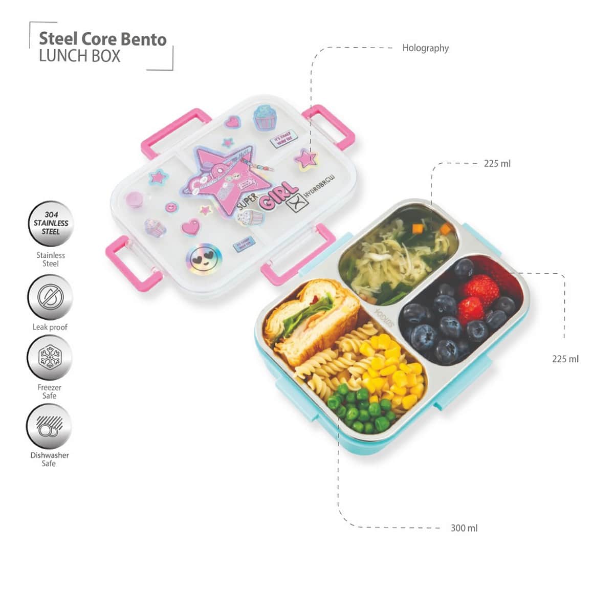 Hydrobrew Teal Spark Steel Core 3 Compartment Lunch Box with Double Wall Stainless Steel Water Bottle