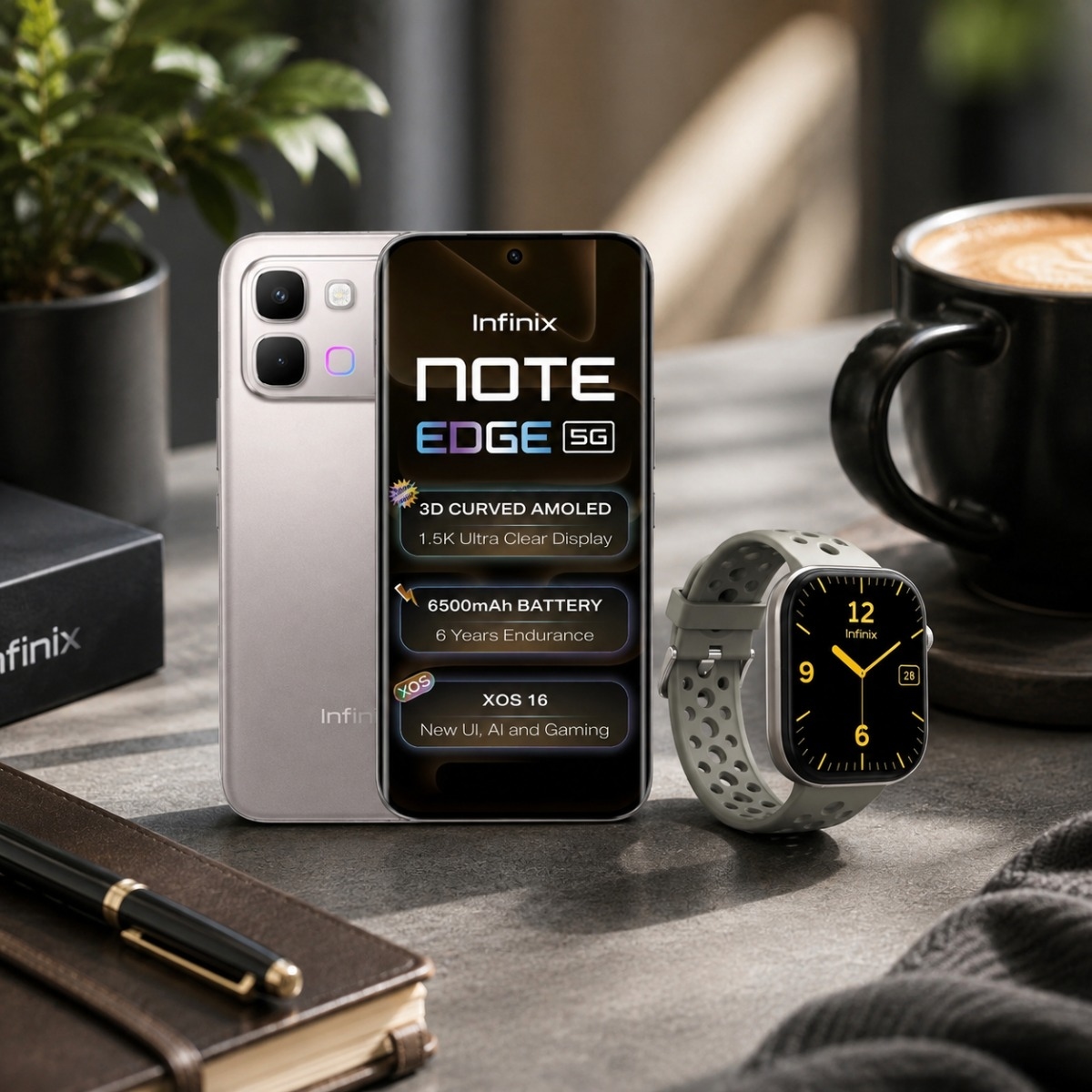 إنفينيكس Note Edge جوال بتقنية 5G بنظام أندرويد مع باقة ساعة H4 الذكية