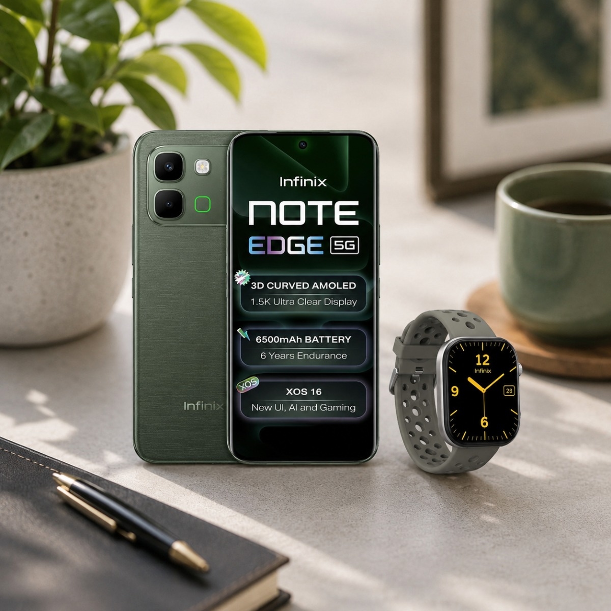 إنفينيكس Note Edge جوال بتقنية 5G بنظام أندرويد مع باقة ساعة H4 الذكية
