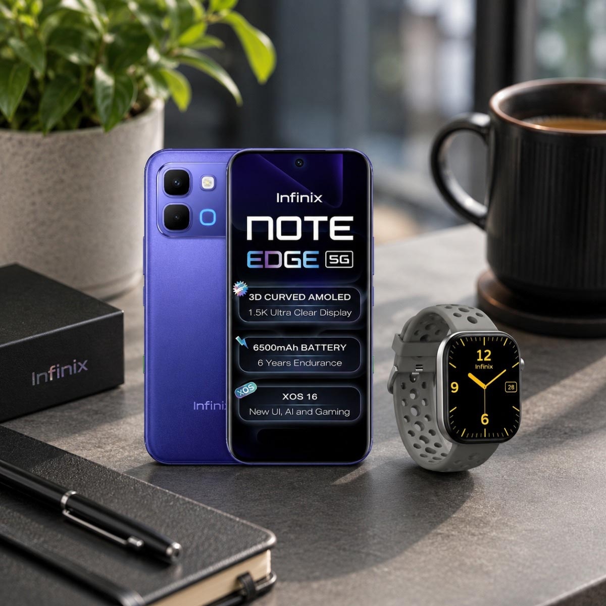 إنفينيكس Note Edge جوال بتقنية 5G بنظام أندرويد مع باقة ساعة H4 الذكية