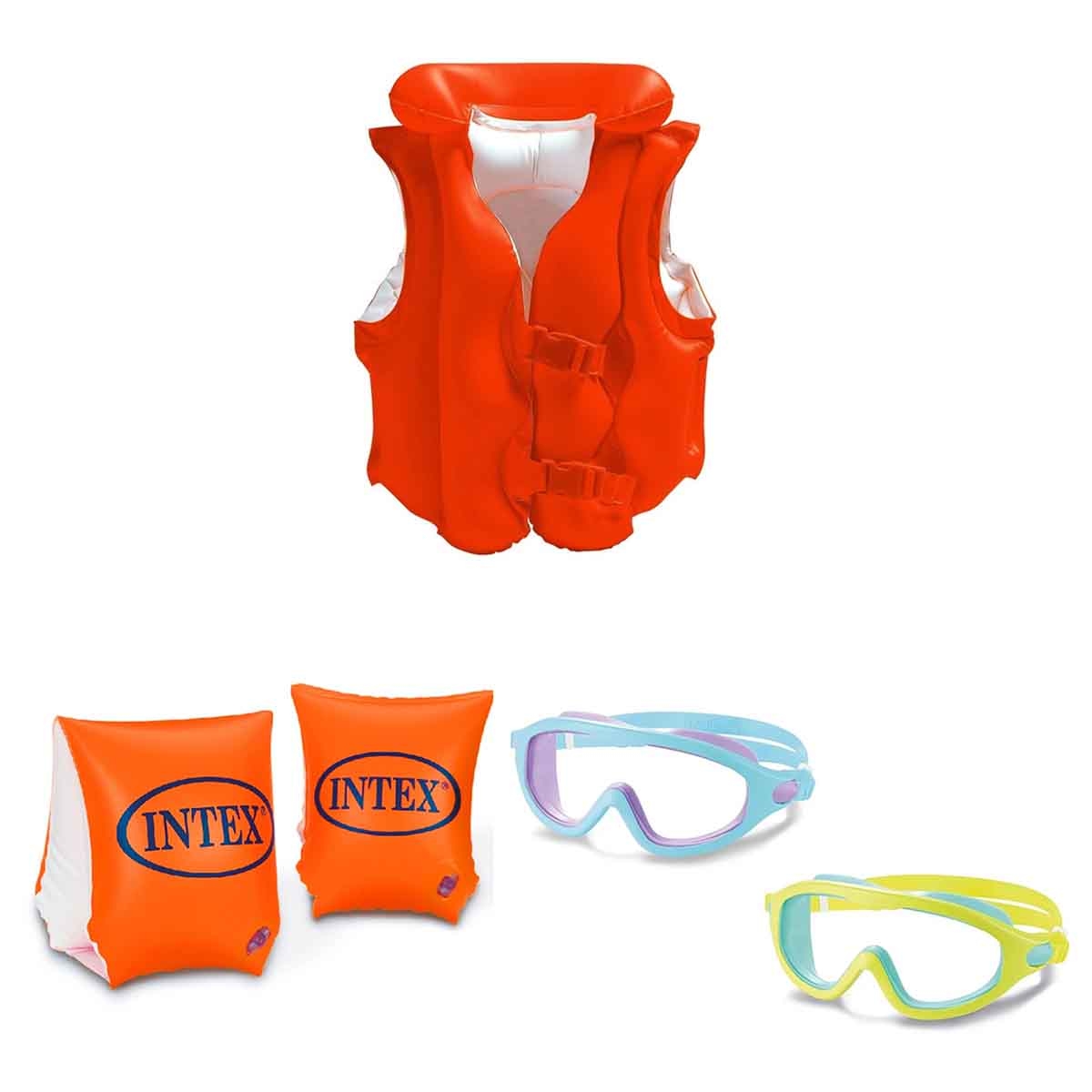 Intex Deluxe Swim Vest with 2 Deluxe Inflatable Arm Bands & 2 Kids Swim Mask Bundle Unisex, 3-4 Years
