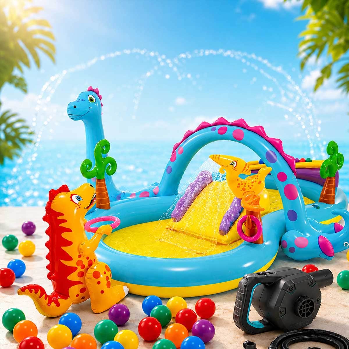 Intex Dinoland Inflatable Play Center with Small Round Fun Balls & Electric Pump Bundle Unisex, 3-4 Years