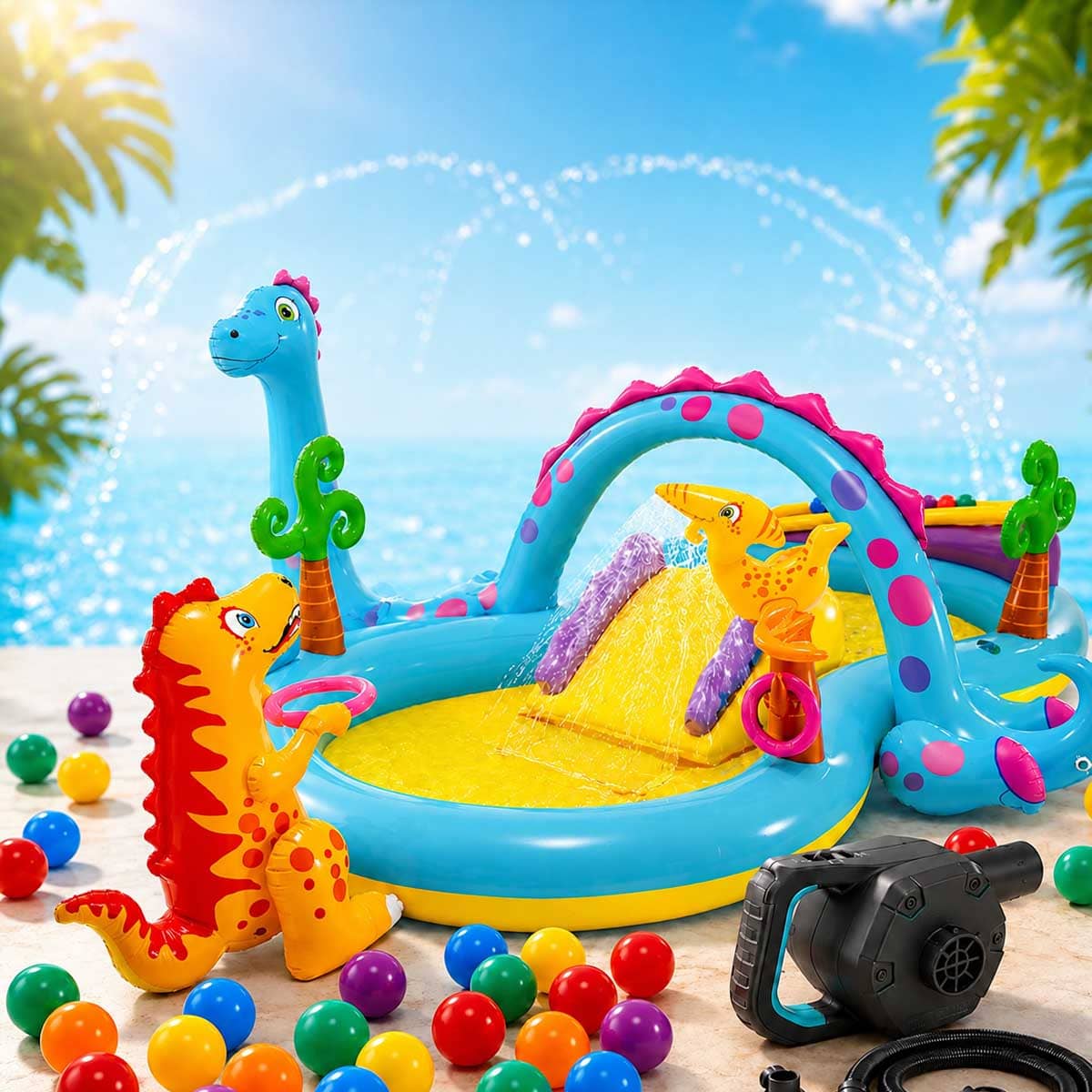 Intex Dinoland Inflatable Play Center with Small Round Fun Balls & Electric Pump Bundle Unisex, 3-4 Years