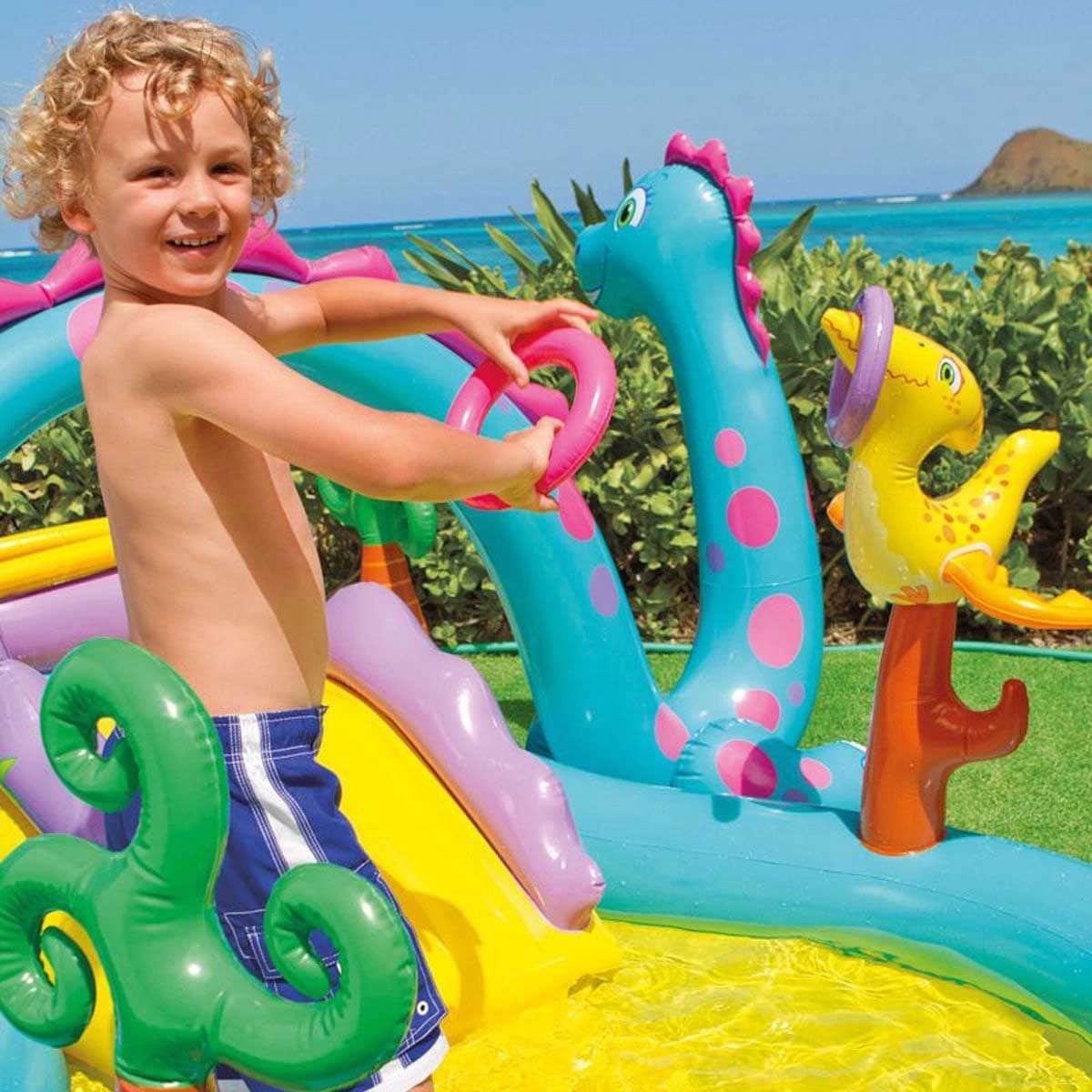 Intex Dinoland Inflatable Play Center with Small Round Fun Balls & Electric Pump Bundle Unisex, 3-4 Years