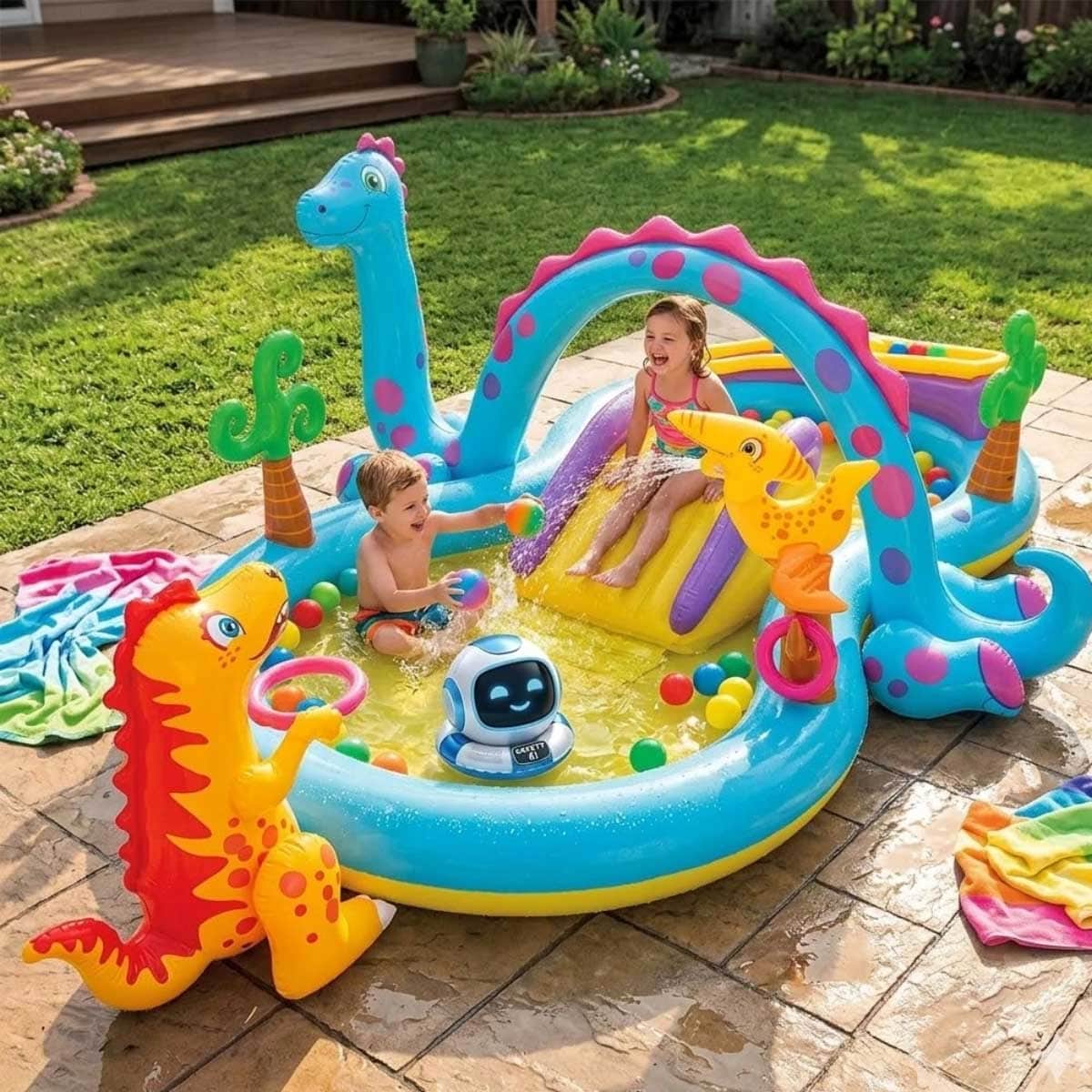 Intex Dinoland Inflatable Play Center with Small Round Fun Balls & Electric Pump Bundle Unisex, 3-4 Years