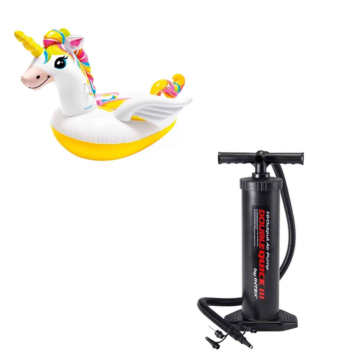Intex Ride-On Unicorn Pool Float with Double Quick III Hand Pump Bundle Unisex, 13+ Years