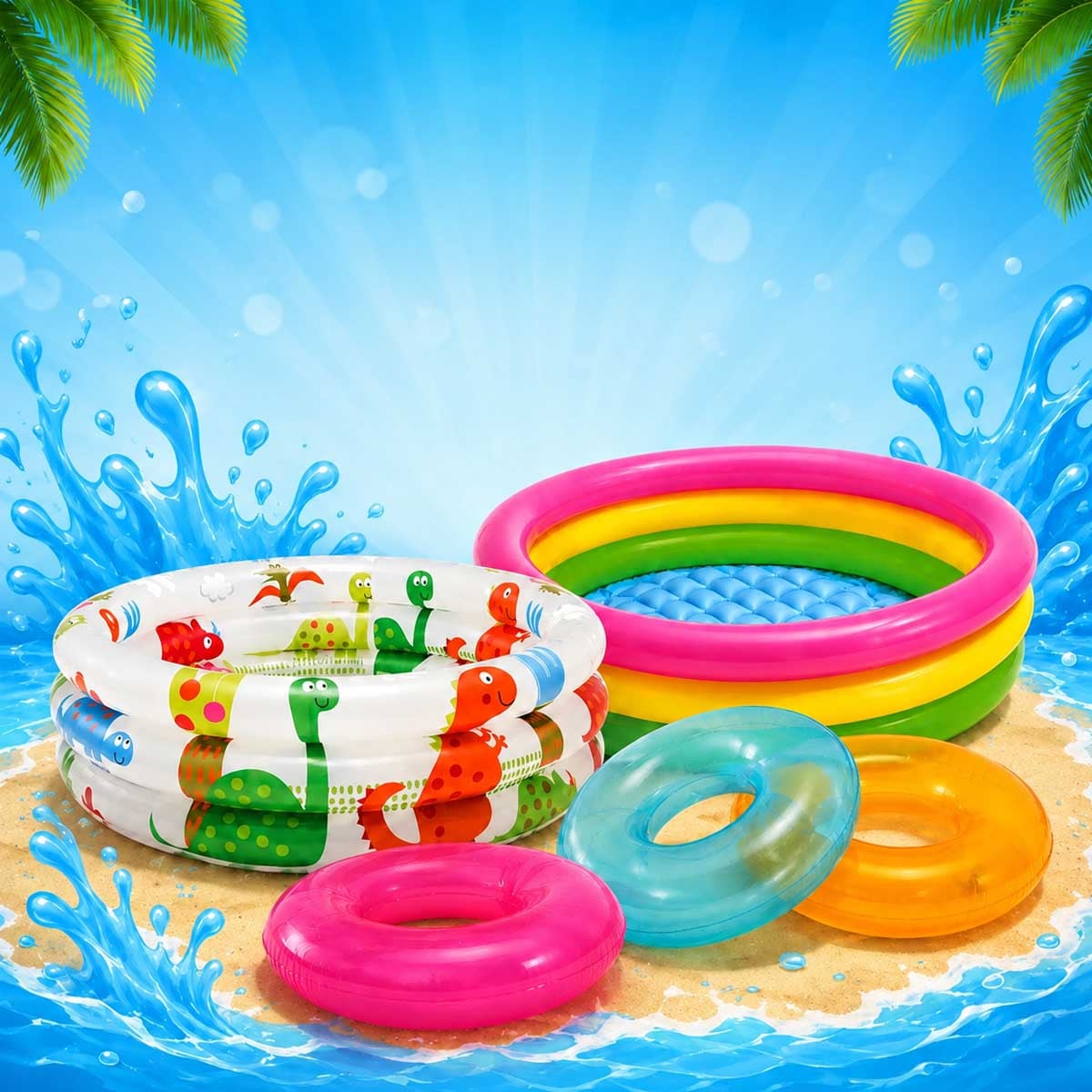 Intex Sunset Glow & Dinosaur 3-Ring Baby Pool with Good Tire Tubes Bundle Toddler, 0-2 Years
