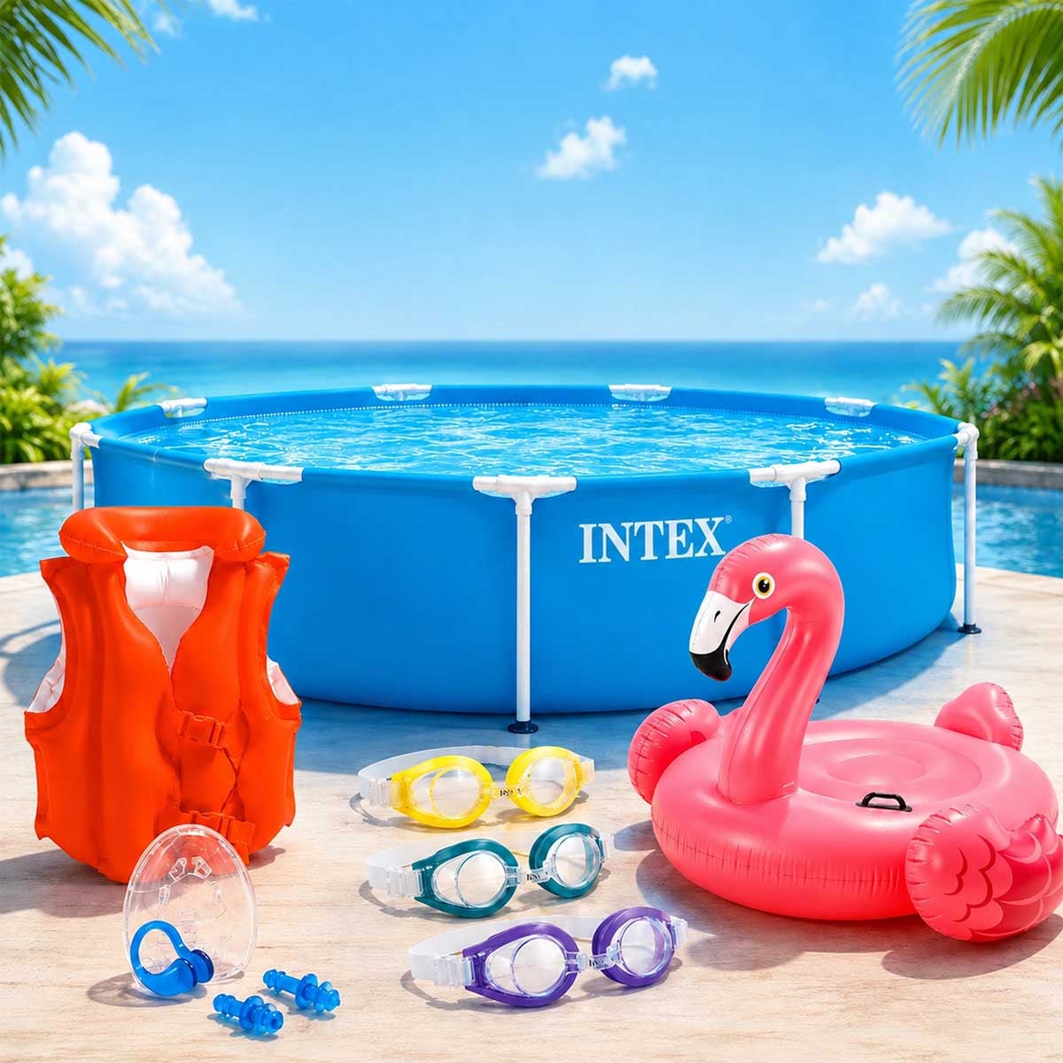 Intex Swimming Pool with Flamingo Pool Float + Ear Plug & Nose Clip + Swim Vest & Goggles Bundle Unisex, 5-7 Years