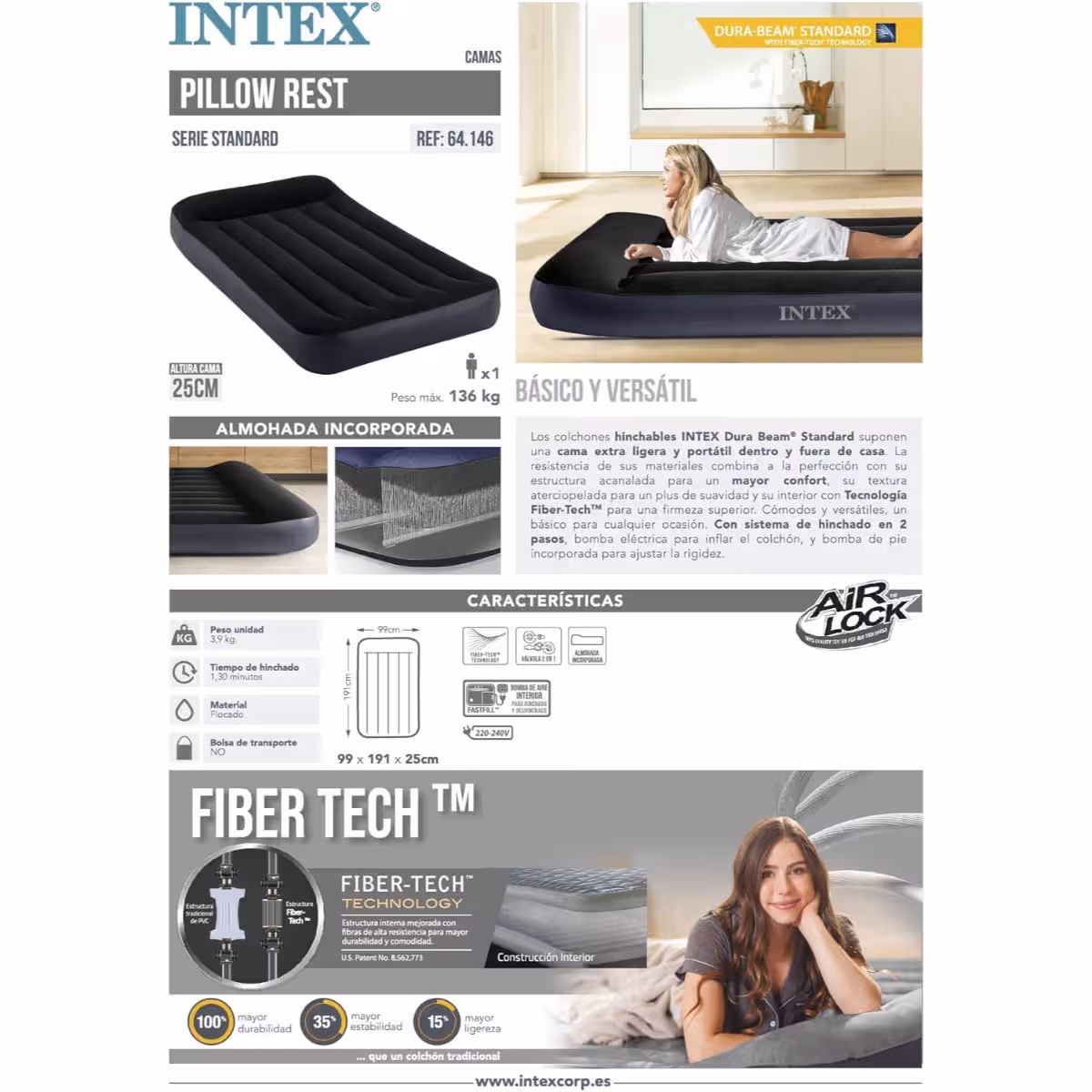 Intex Twin Pillow Rest Classic Airbed with Built-in Pump Unisex