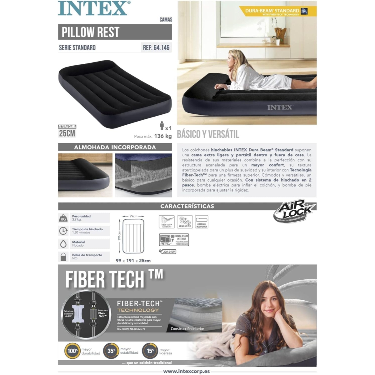 Intex Twin Pillow Rest Classic Airbed with Built-in Pump Unisex