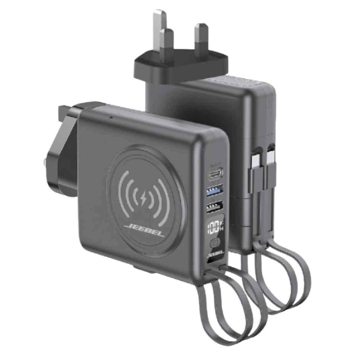 Jeebel Black 10000mAh Magnetic Wireless Power Bank & Type-C Wall Charger with Lightning Cable