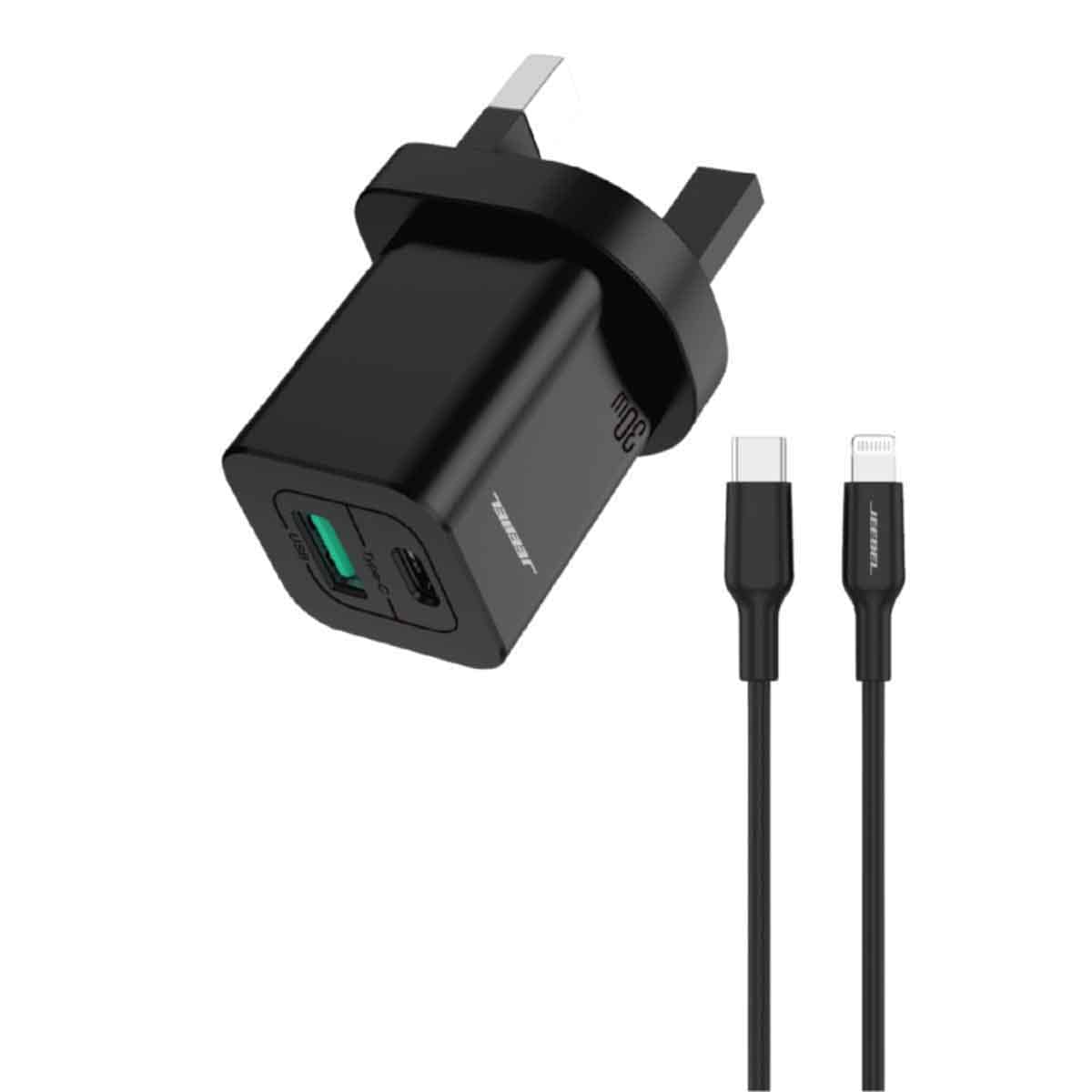 Jeebel Black 30W USB-C PD & USB QC 3.0 Wall Charger With MFi Lightning Cable