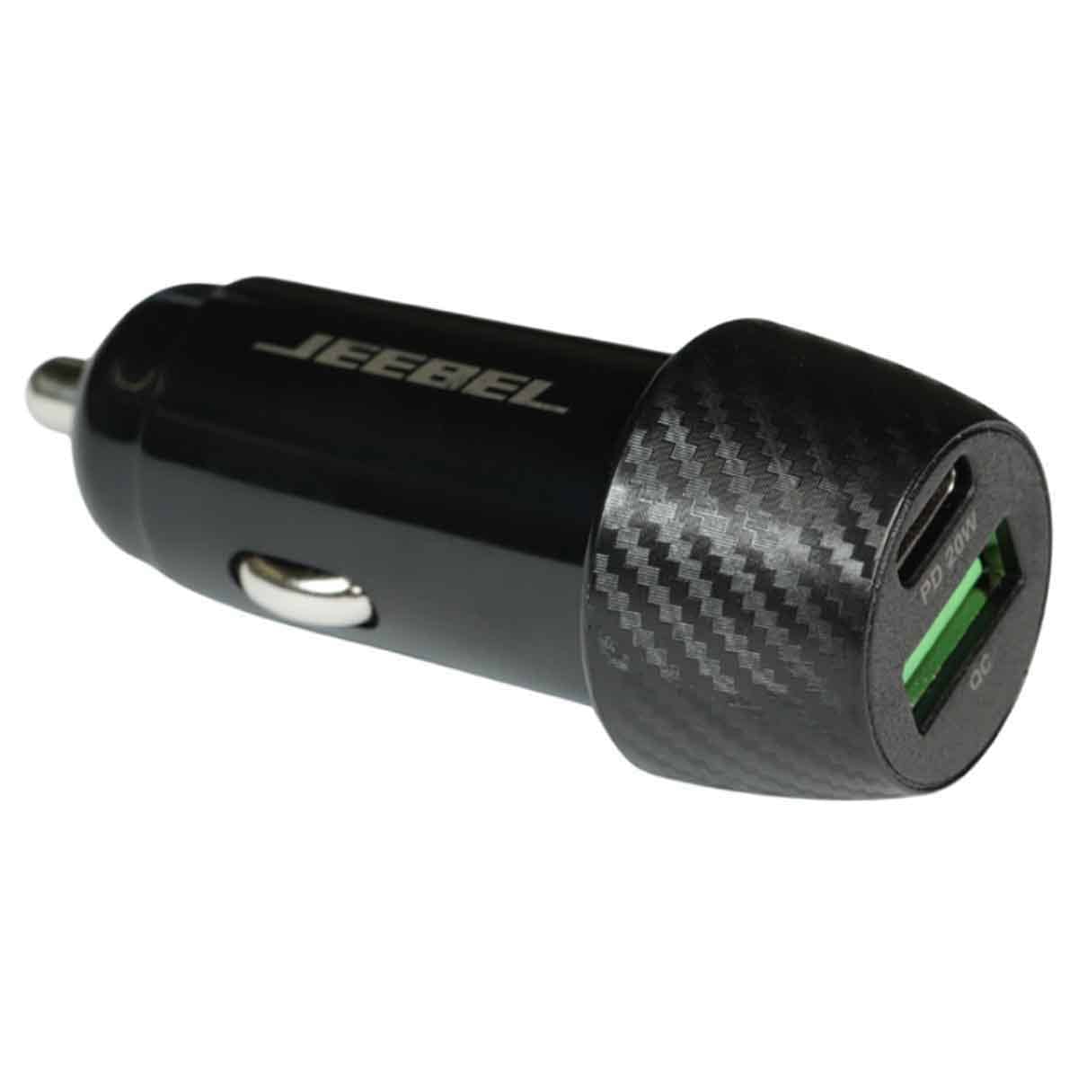 Jeebel Black 38W Dual Port USB & USB-C Fast Charging Car Charger