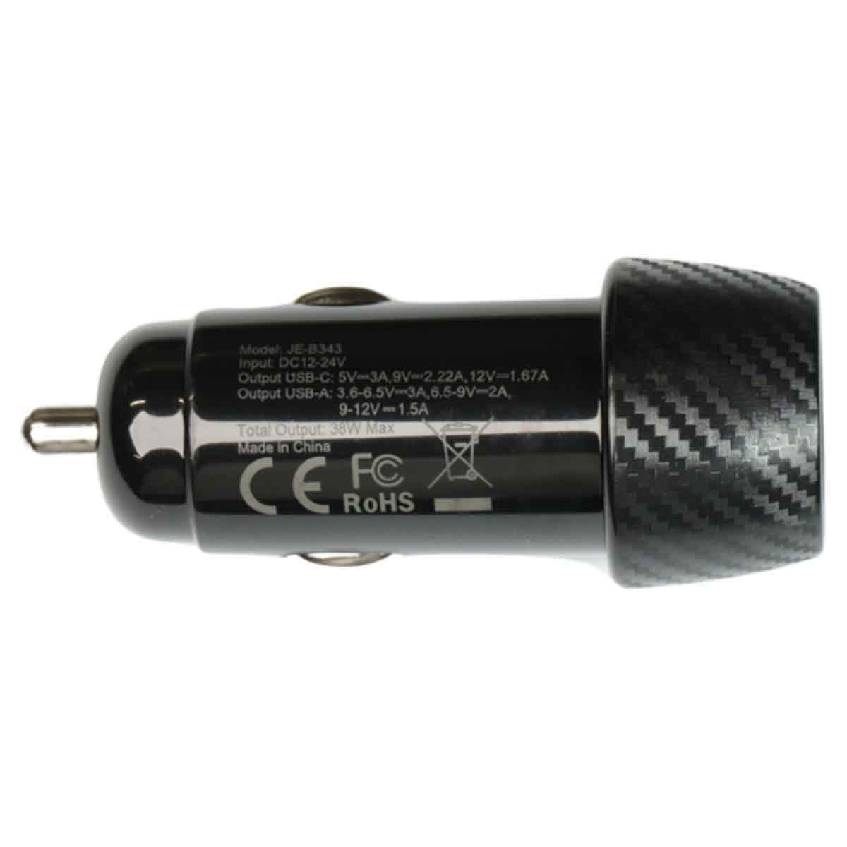 Jeebel Black 38W Dual Port USB & USB-C Fast Charging Car Charger