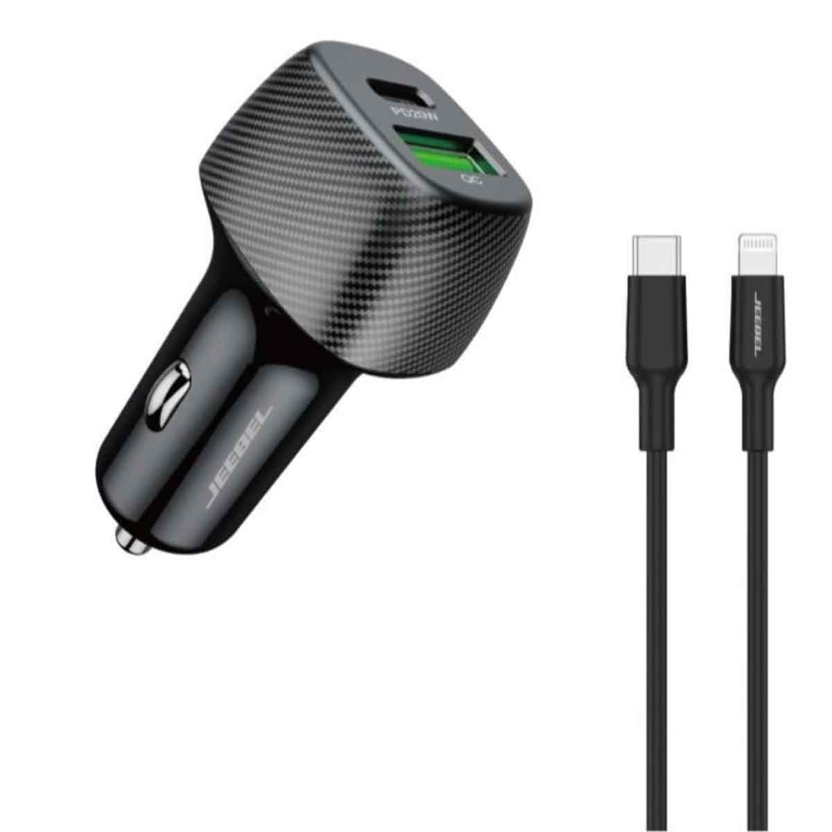 جيبل شاحن سيارة ثنائي المنافذ 38 واط USB-C PD وUSB-A QC 3.0 مع كابل لايتنينغ معتمد MFi باللون الأسود