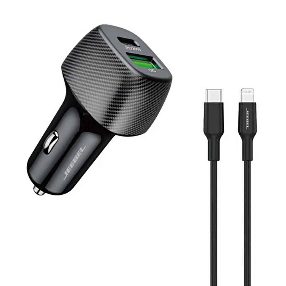 Jeebel Black 38W USB-C PD & USB-A QC 3.0 Dual Port Car Charger with MFi Type C Cable